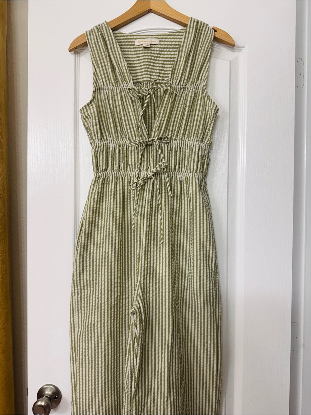 Monteau • Olive and White Striped Seersucker Sleeveless Wide Leg Corset Jumpsuit